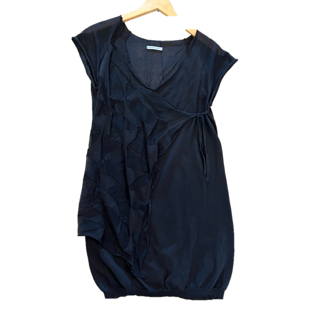 Sarah Pacini Black Knit Wrap Tie Dress rolled sleeves stretch Size S/M